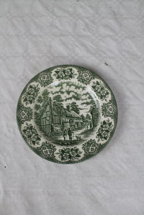 green and white english ironstone plate